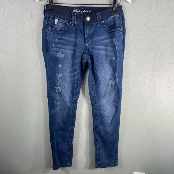 Ariya Distressed Skinny Cut Low Rise Stylish Trendy Women's Jeans Size 7/8 - Picture 11 of 12